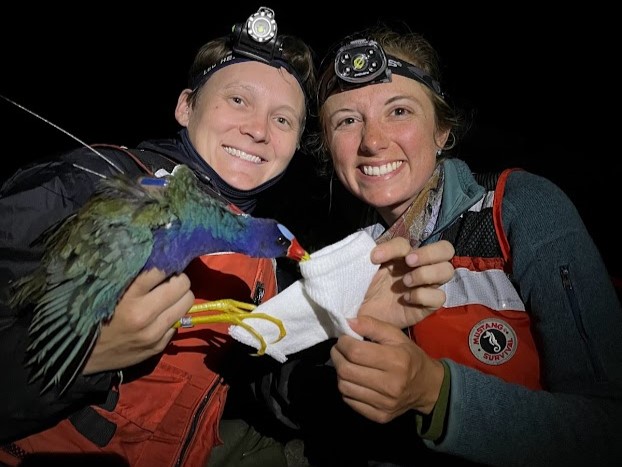 Students hold purple gallinule