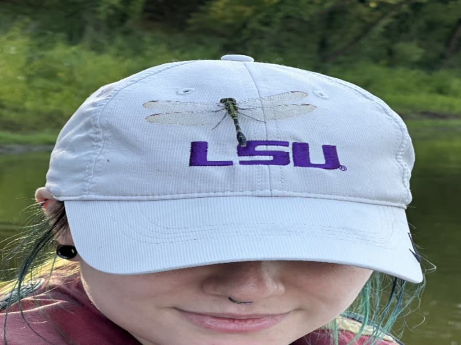 Student with dragonfly on head