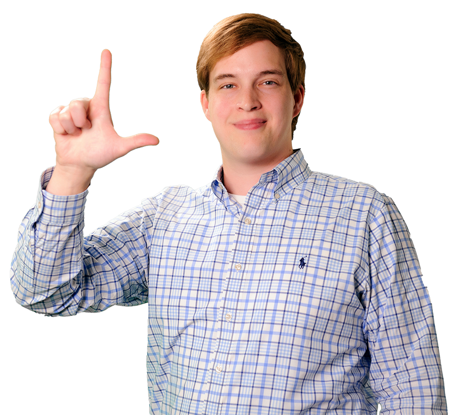 Wesley Powell smiles for a picture in a blue checked shirt with his hand in the shape of an L.