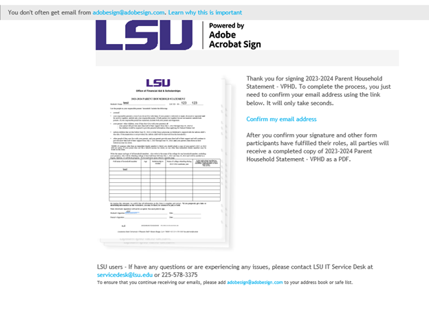 Email confirmation from financial aid