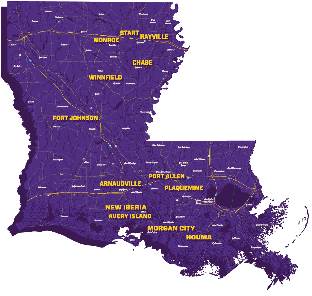 map of louisiana highlighting tour stops; text version of full list follows