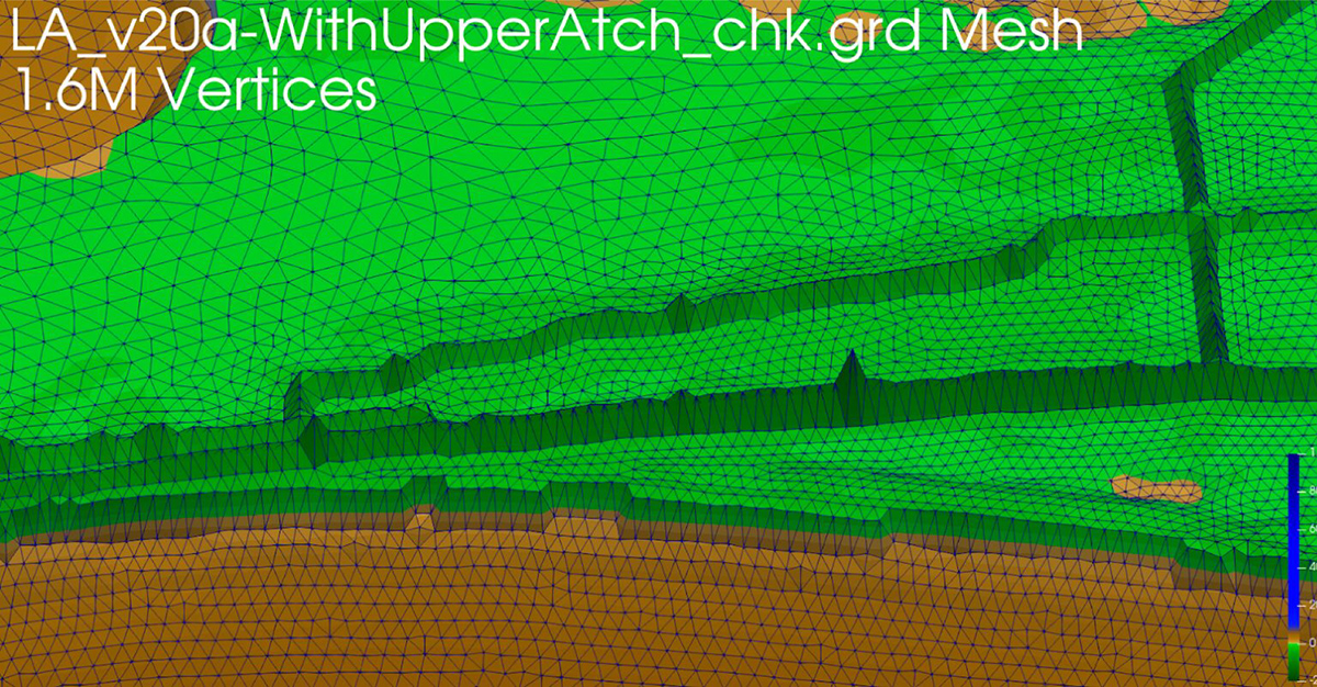 The ADCIRC mesh has millions of vertices to describe the land form. Here, the area near Creole, Louisiana where Hurricane Laura made landfall.